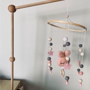 Pink and Gray Baby Mobile with Bunny Design